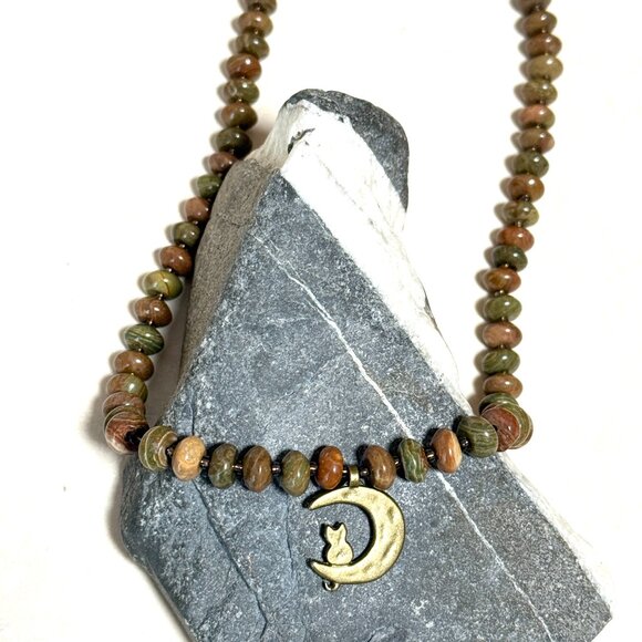 Genuine Earthy Polychrome Jasper Bronze Cat on the Moon Beaded Short Necklace - Picture 4 of 13